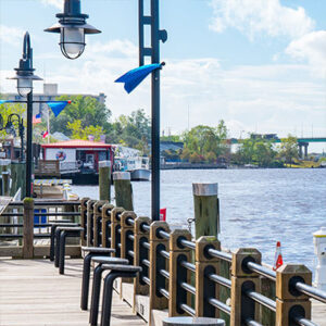 A view pf the ocean and bridge from a Wilmington pier